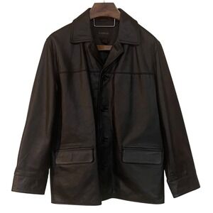 Vtg Express Mens Black Leather Button up Jacket Patch Pockets Y2K Moto Retro XL